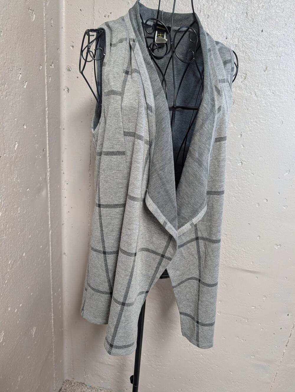 Espresso Gray Windowpane Plaid Waterfall Draped Long Vest